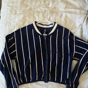 FP Movement by Free People Navy and White Striped Zip-Up Sweatshirt